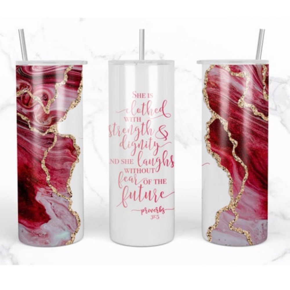 Proverbs 31:25 Christian 20oz Skinny Steel Tumbler - Red Marble Geode